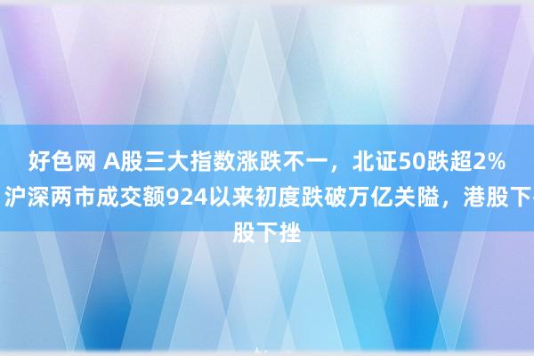 好色网 A股三大指数涨跌不一，北证50跌超2%，沪深两市成交额924以来初度跌破万亿关隘，港股下挫